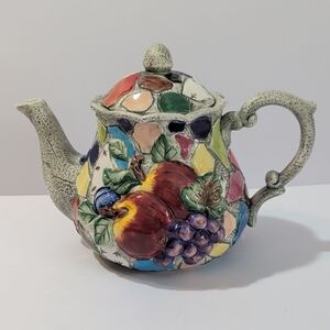 Vintage Colorful Mosaic Ceramic Teapot with Fruit Design